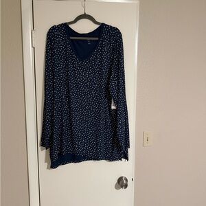 dip Navy Blue V-Neck Long Sleeve Top with Cream Dot Print